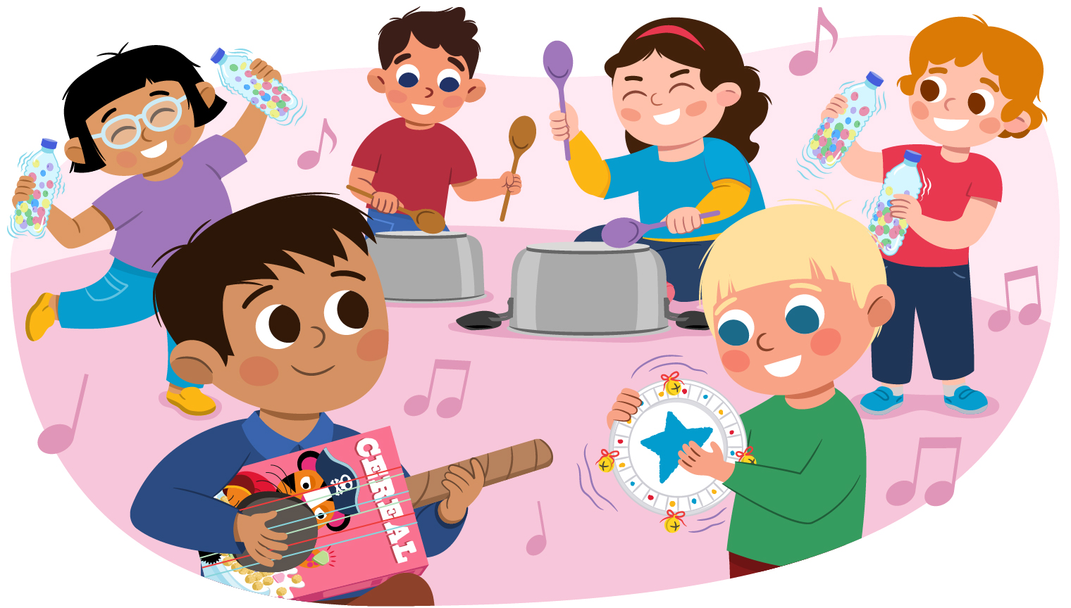 tvo illustration kindergarten stuents plaing homemade instruments